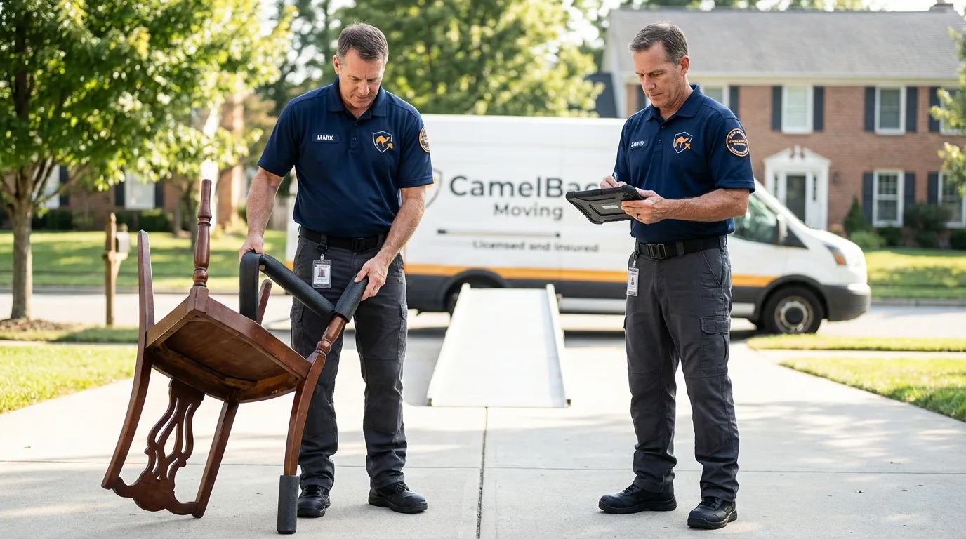 Movers inspecting furniture for damage prevention before loading in Coalfield, TN