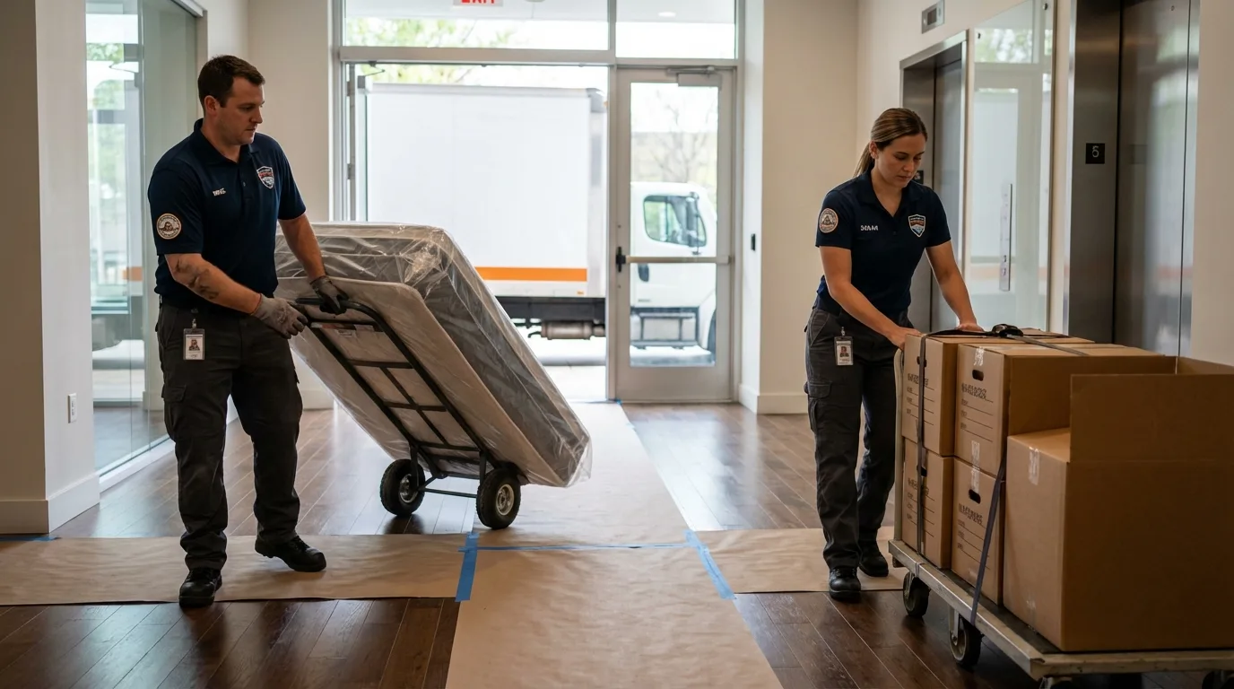 Professional apartment movers loading elevator in Coalfield, TN
