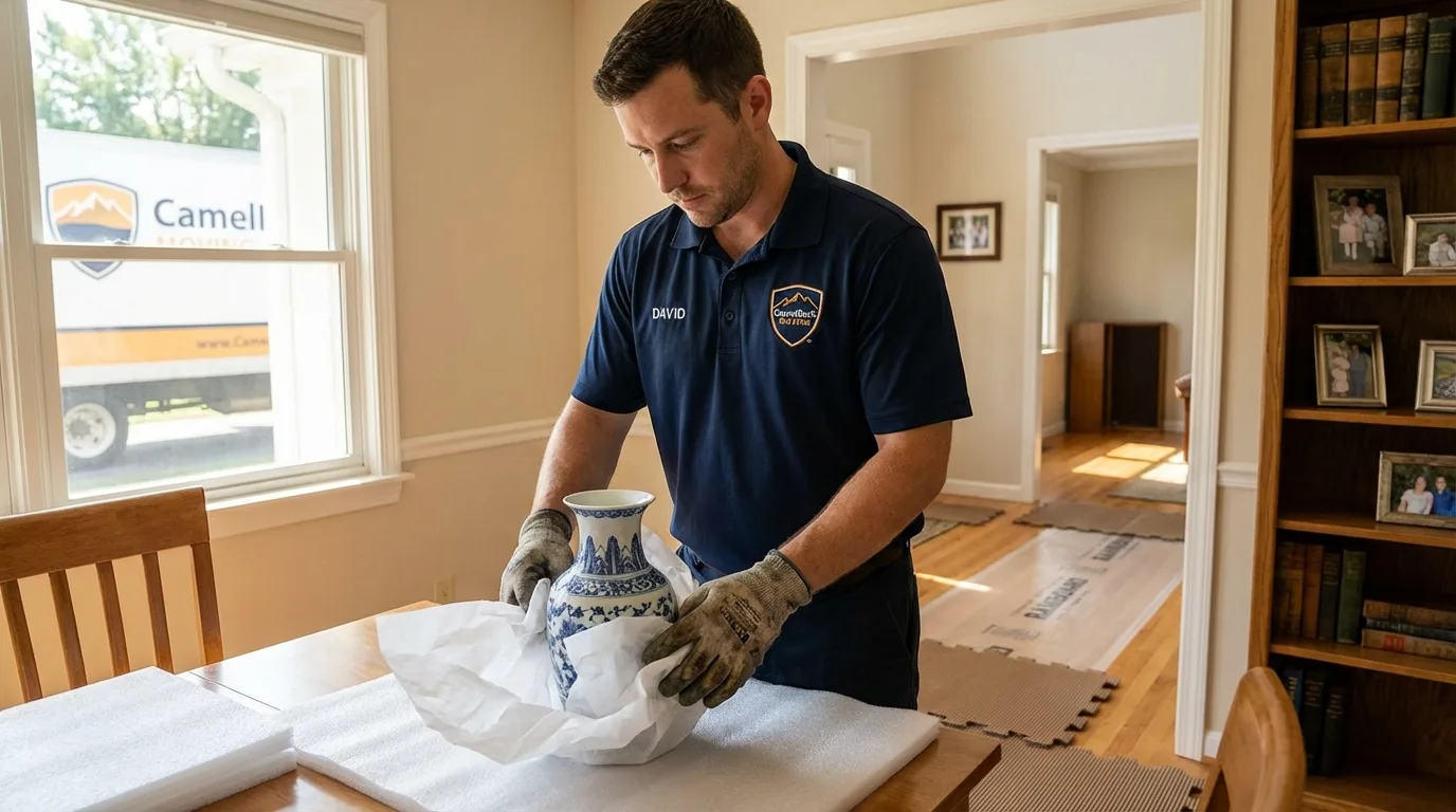 Professional crew carefully wrapping antique vase for senior downsizing move in Coalfield, TN